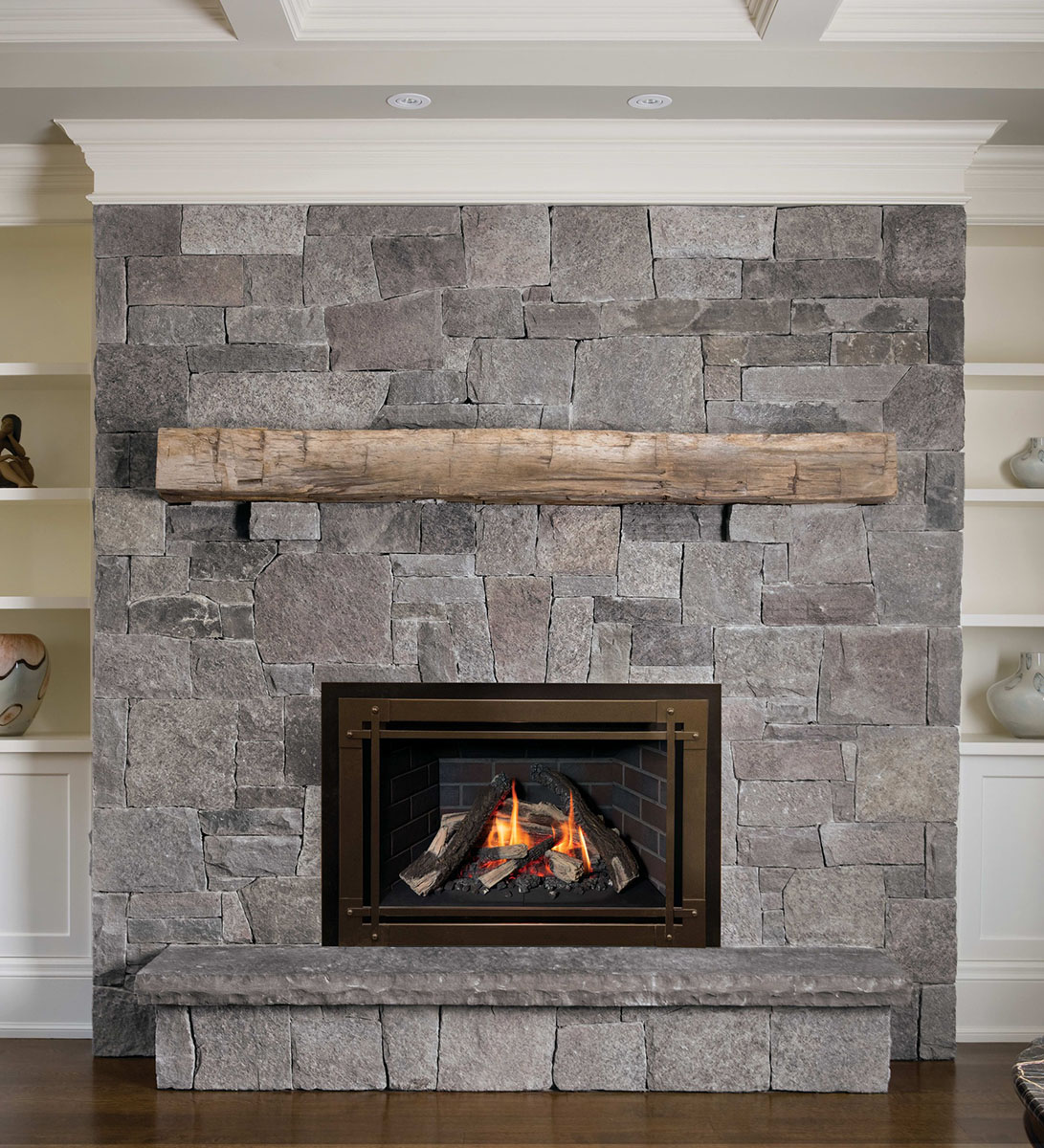 Valor G4 fireplace insert with traditional logs and Craftsman front in bronze