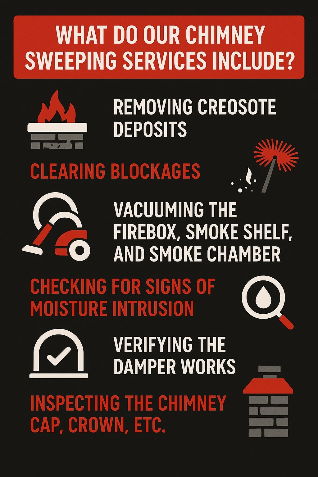 original infographic showing a black background with bold red and white text that reads “What Do Our Chimney Sweeping Services Include?” inside a large red rounded rectangle at the top, followed by six service descriptions each paired with simple flat-style icons in red, white, and gray: a small brick fireplace with red flames next to the white text “Removing Creosote Deposits,” a red chimney brush beside the red text “Clearing Blockages,” a red and white vacuum graphic next to white text explaining “Vacuuming the Firebox, Smoke Shelf, and Smoke Chamber,” a magnifying glass with a droplet beside red text reading “Checking for Signs of Moisture Intrusion,” a gray checkmark icon next to the white text “Verifying the Damper Works,” and a gray chimney with a red cap beside red text stating “Inspecting the Chimney Cap, Crown, Etc.”